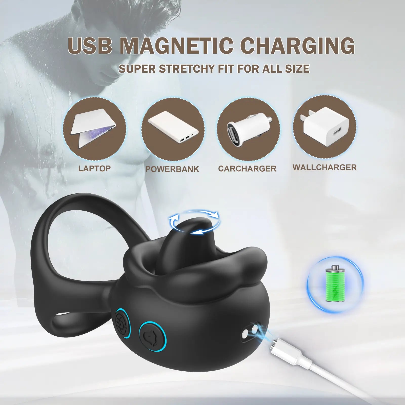 Triangular vibrating penis ring for men and women with 10 vibration modes and 10 tongue licking and rotation modes