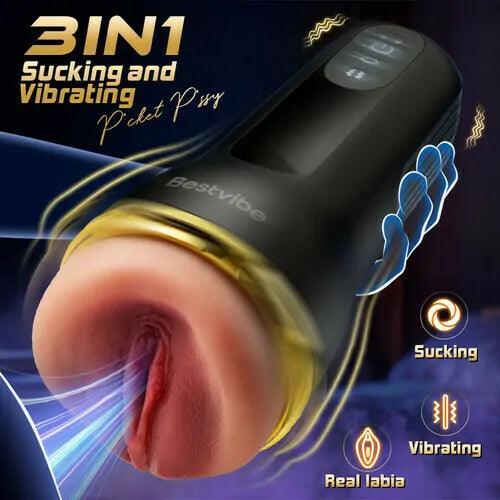 Realistic Pussy Male Stroker with 5 Suction Modes and 10 Vibration Modes