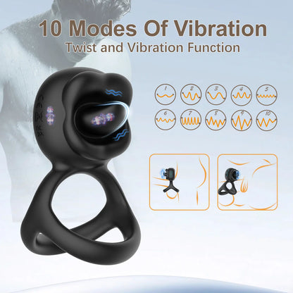 Triangular vibrating penis ring for men and women with 10 vibration modes and 10 tongue licking and rotation modes
