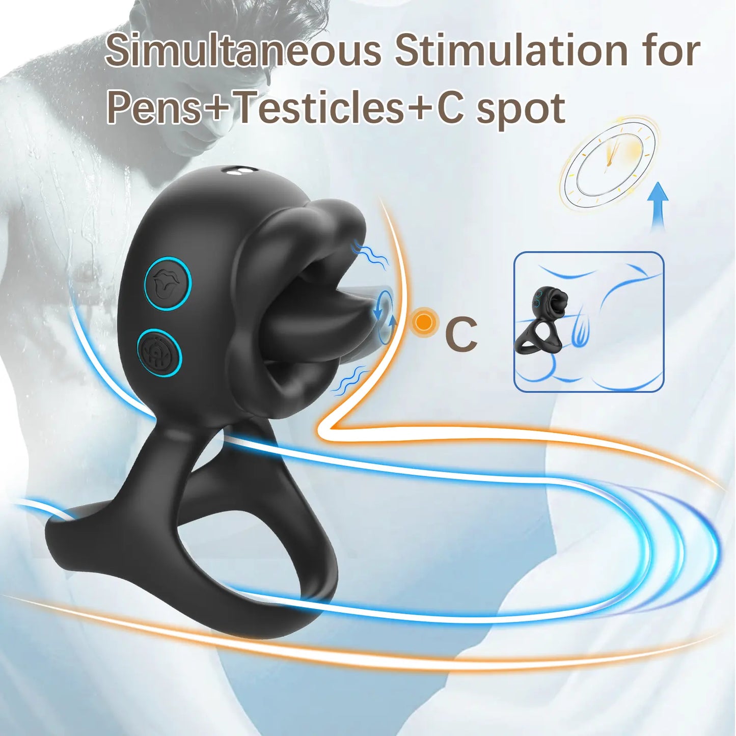 Triangular vibrating penis ring for men and women with 10 vibration modes and 10 tongue licking and rotation modes