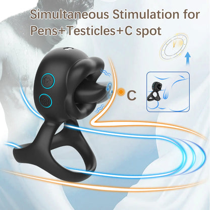 Triangular vibrating penis ring for men and women with 10 vibration modes and 10 tongue licking and rotation modes