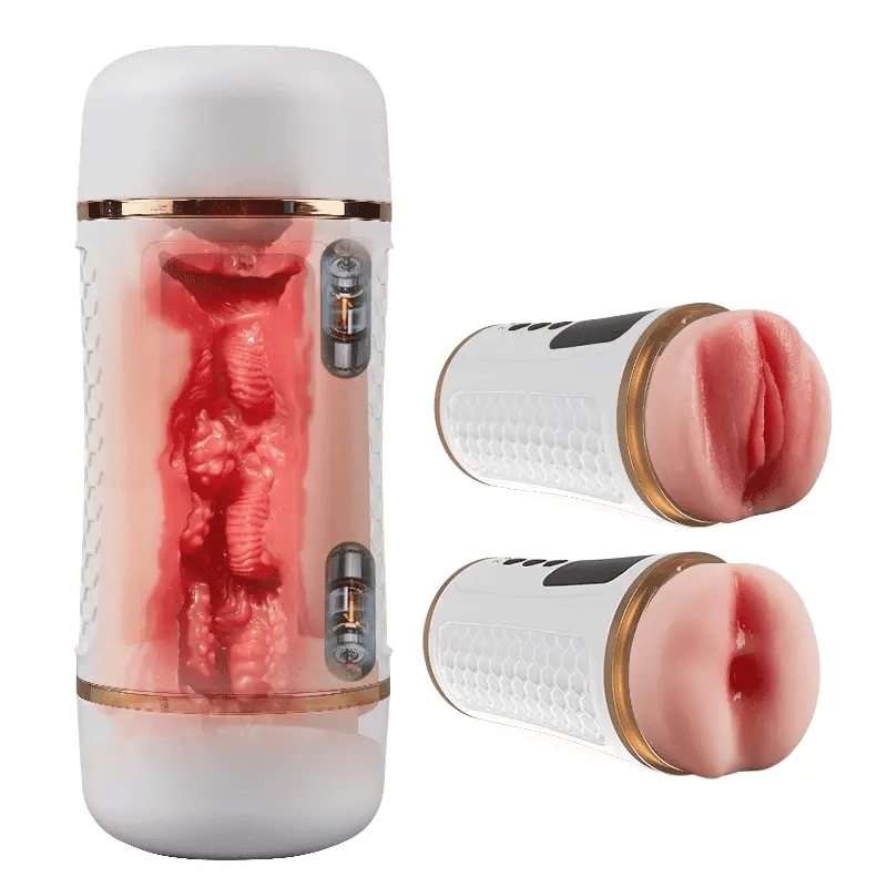Through‑action dual-motor masturbator – delays ejaculation, boosts stamina, ipx7 waterproof